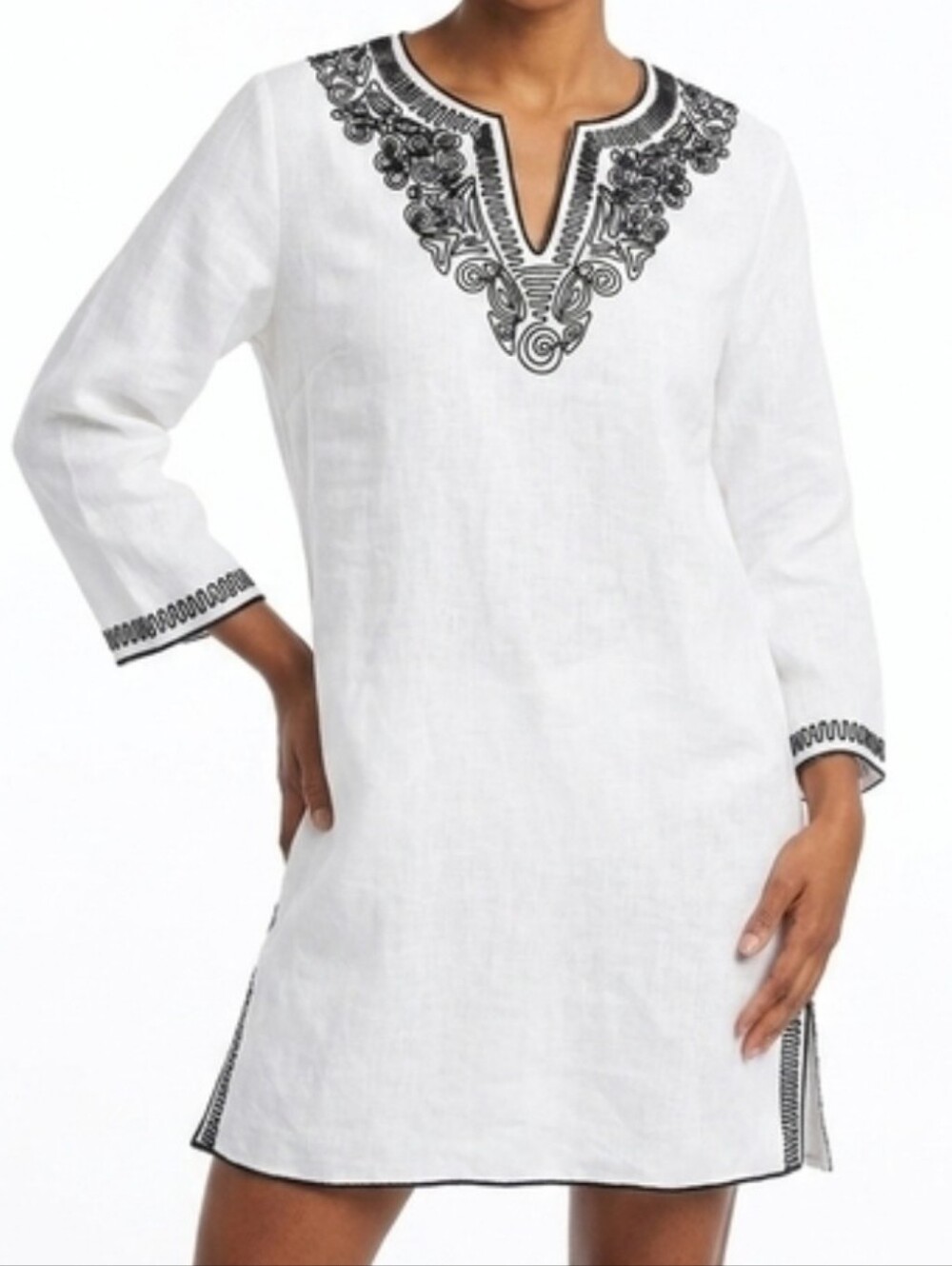 Peter Nygard 100% Linen Tunic Blouse L Black Embroidered Boho Coastal Lagenlook